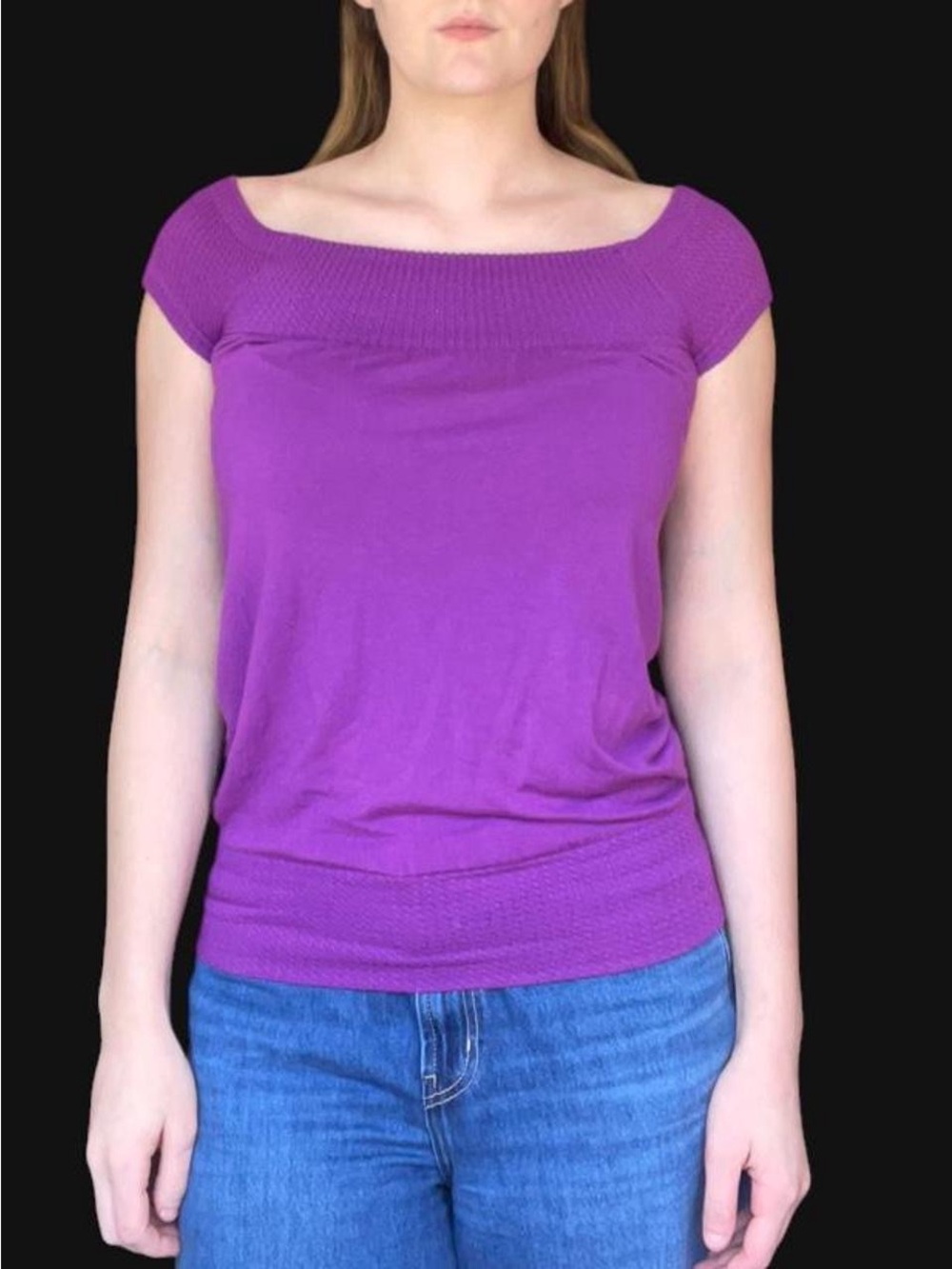Vintage Y2K Generation 18 Purple Off The Shoulder Knit Top Cap Sleeve Small